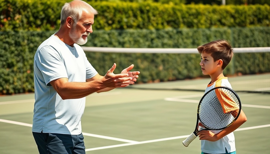 Mature tennis player instructs on court, cut the trajectory demonstration.