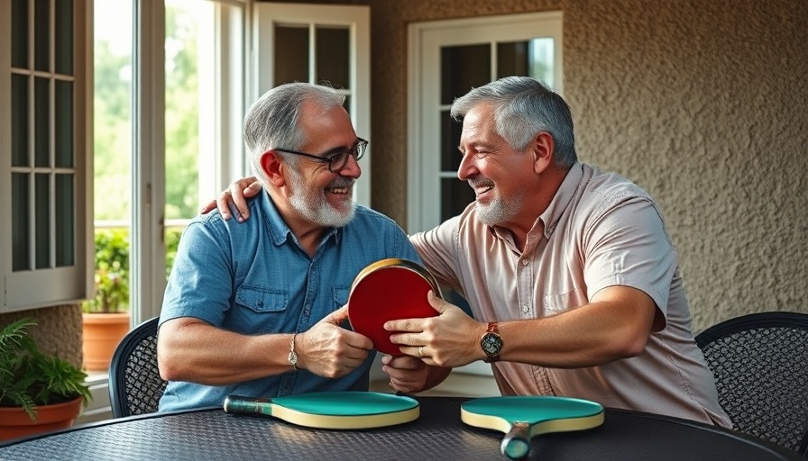 Two men embracing near pickleball paddles, expressing appreciation.