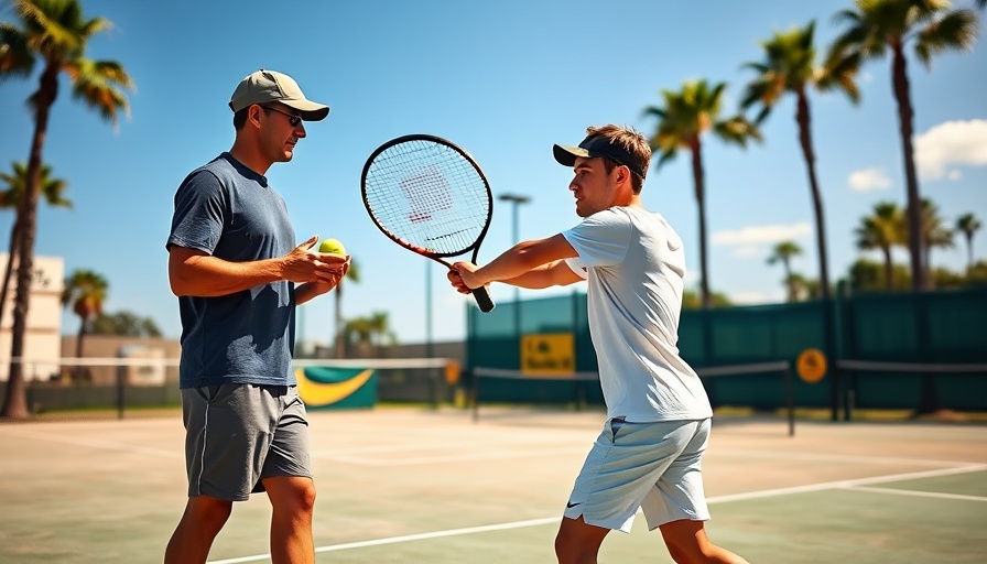Young tennis player mid-swing with coach, learning where tennis power comes from.