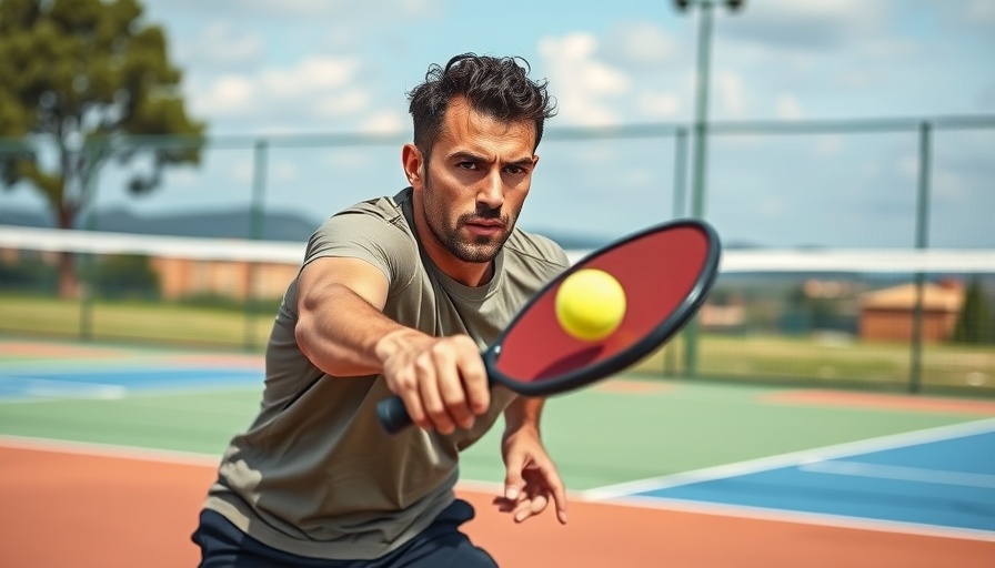 Athletic pickleball player focused on a third shot drop in pickleball match.