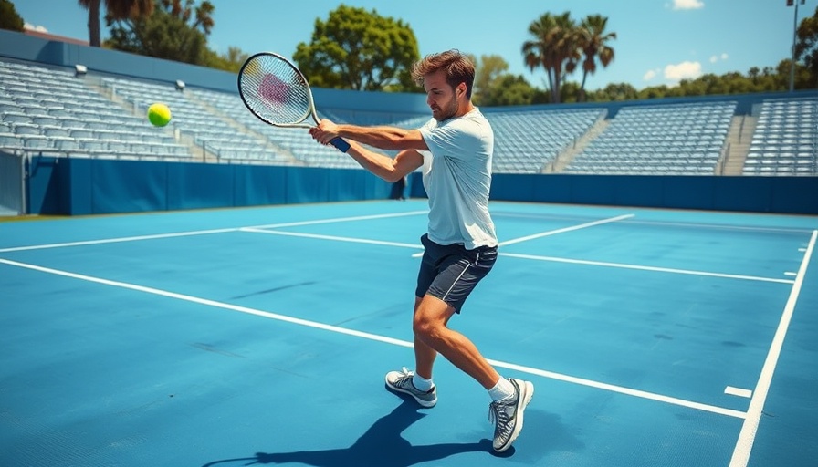 Athletic player executing perfect tennis shot on empty court.