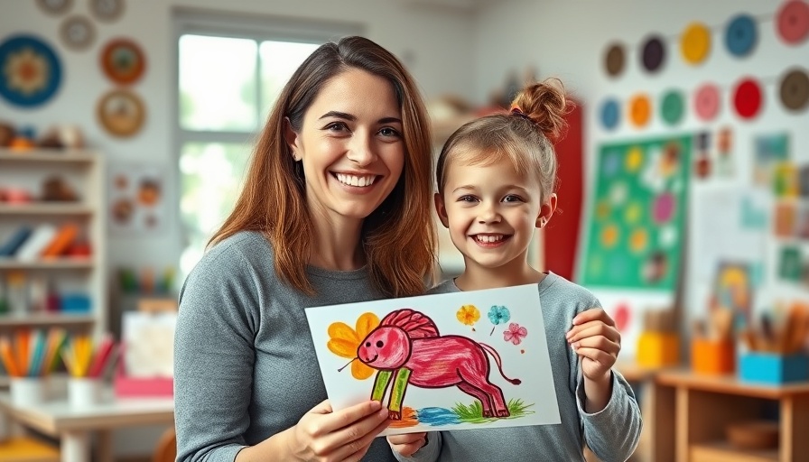 Smiling woman and child at Figment Creative Labs holding colorful artwork.