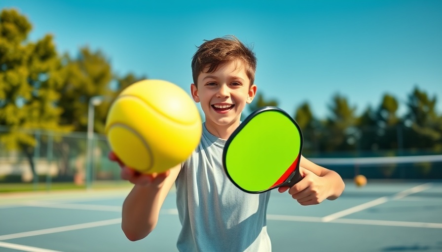Young athlete serving in pickleball match with vibrant outdoor setting.