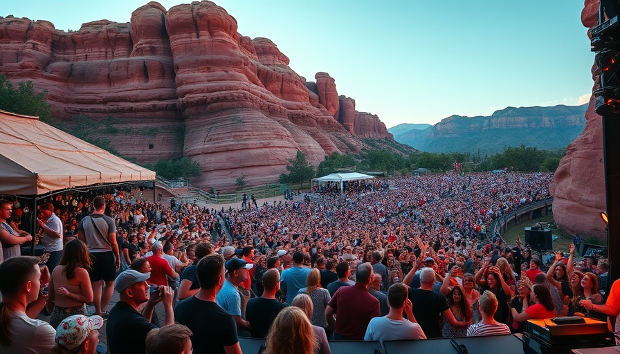 Austin artists performing at Red Rocks with large crowd and red rock surroundings.