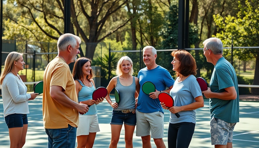 Group enjoying pickleball with paddles outdoors under bright daylight.