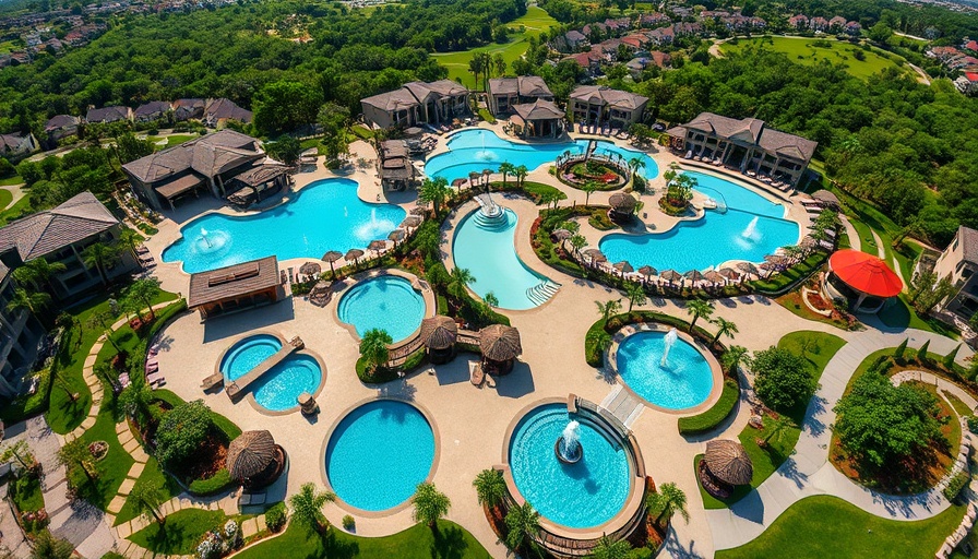 Luxury Living in Lakeway: Aerial view of elegant residential complex with pools.
