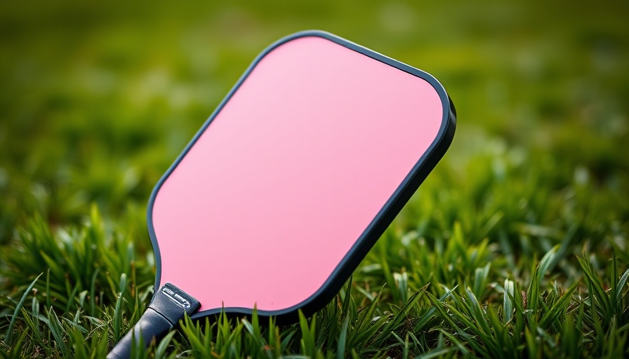 Pickleball paddle standing outdoors on grass.
