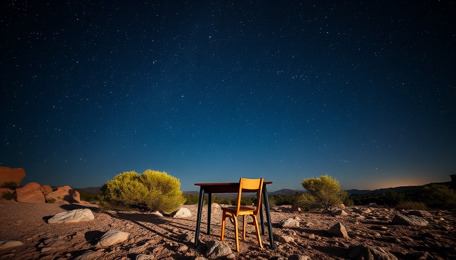 Solitary desk under starry sky highlights wellness travel benefits of nature.