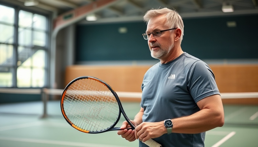 Middle-aged man sharing tennis tips indoors.