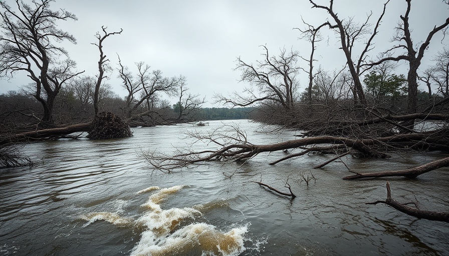 Central Texas flood showing uprooted trees in a swollen river, cloudy sky.