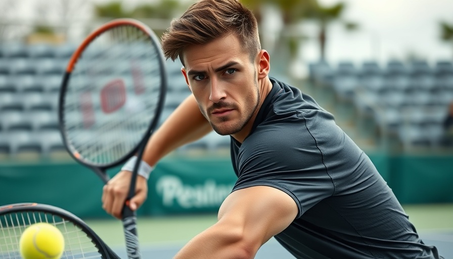 Athletic male demonstrating tennis backhand technique outdoors.