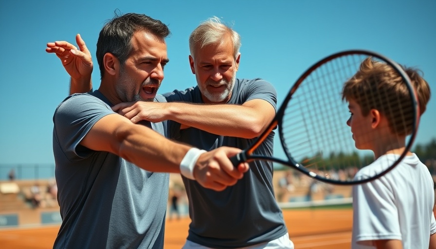 Tennis coach demonstrating swing technique on clay court.