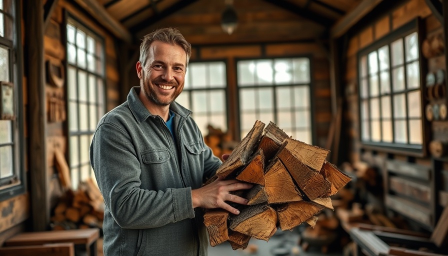 Smiling man handling firewood indoors, a fun way to give back in Austin.