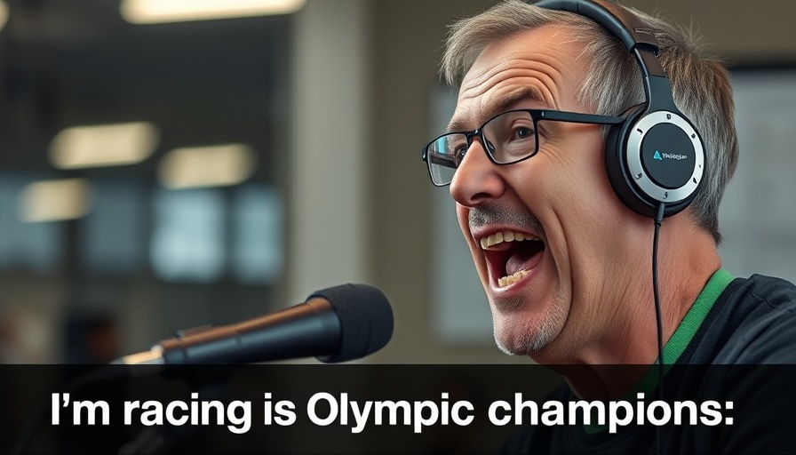 Middle-aged man speaking about racing against an Olympic champion.