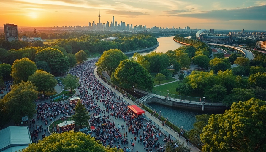 Aerial view of Texas summer event with city skyline and river.