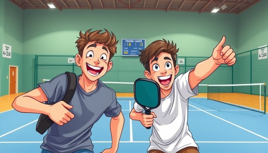 Dynamic cartoon of two men on a pickleball court, pivot to pickleball theme.