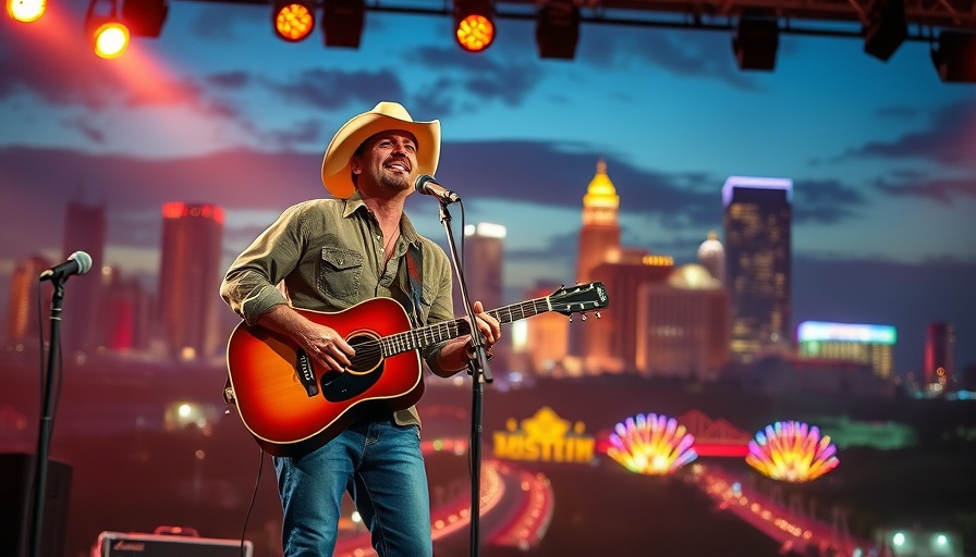 Austin City Limits performance, musician on stage against cityscape, addressing funding cuts.