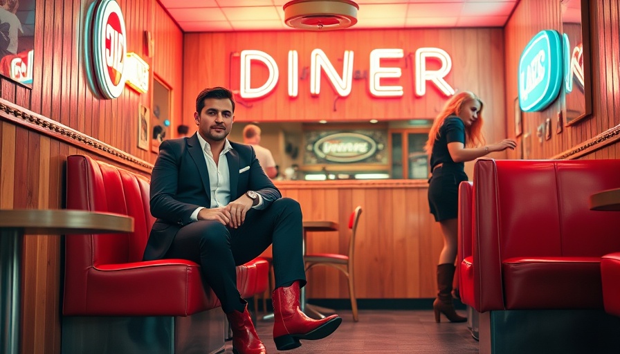 Retro diner scene with couple in cowboy boots, Austin nostalgia events.