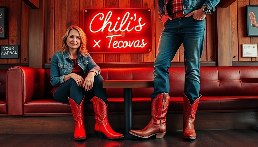 People in Chili's restaurant featuring Tecovas boots and neon sign.