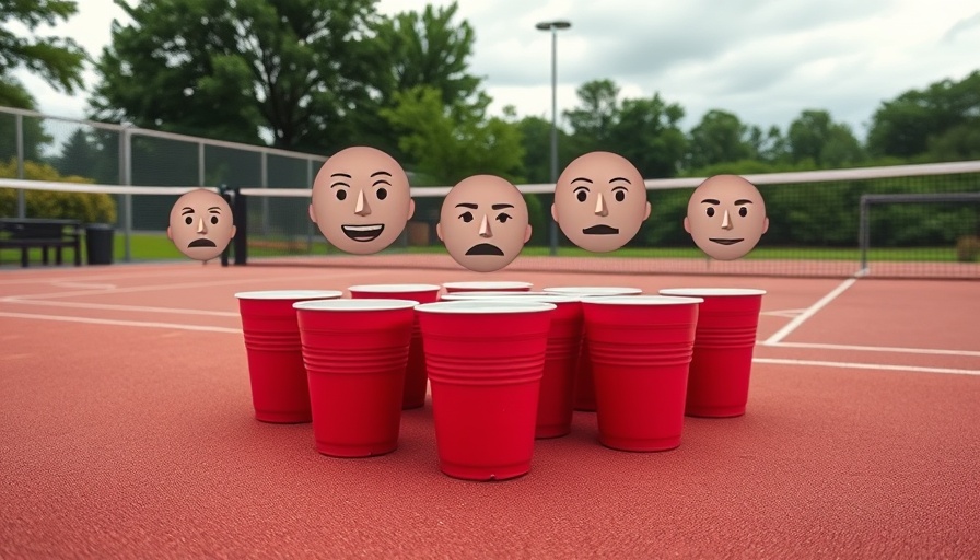 Creative pickleball scene with red cups on court and playful score overlay.