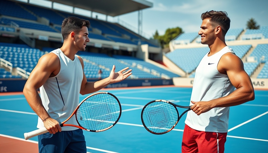 Two men discussing tennis technique on a court, best session finish.