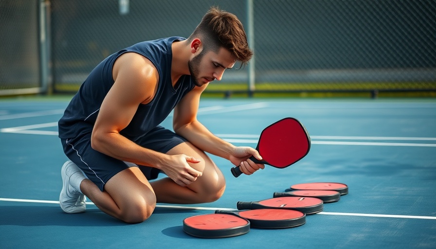 Athlete examines paddle thickness for pickleball on the court.