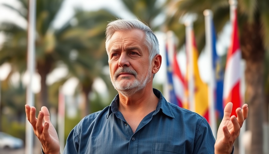 Middle-aged man discussing tennis family legacy outdoors.