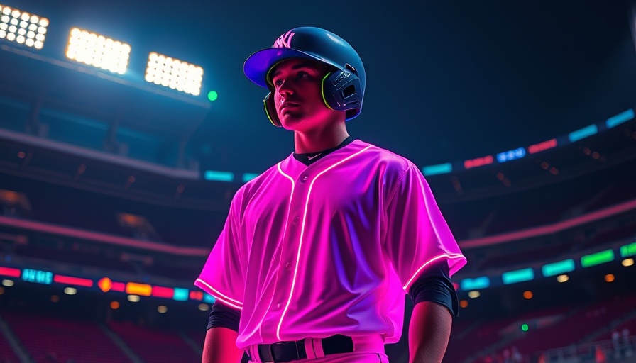 Cosmic baseball player in neon uniform in dark stadium.