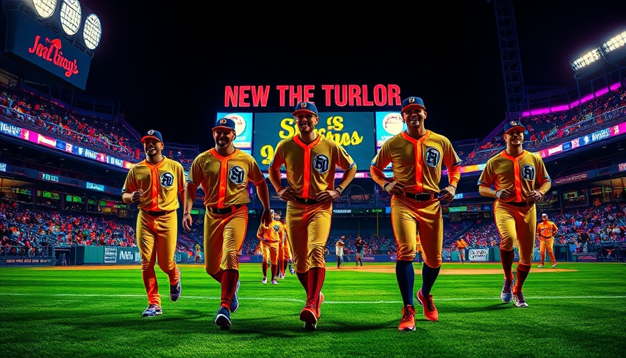Cosmic baseball players in neon lights at night game.