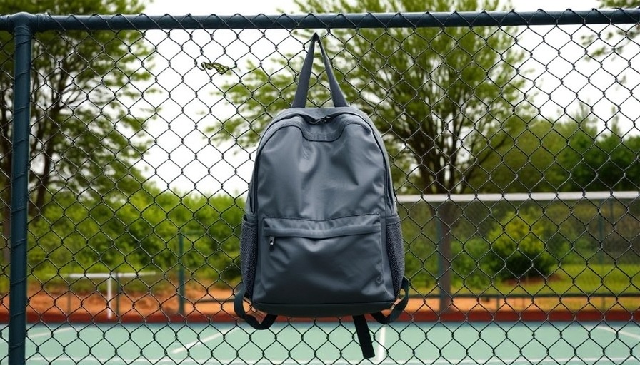 Backpack at pickleball court in Austin, high-detail outdoor scene.