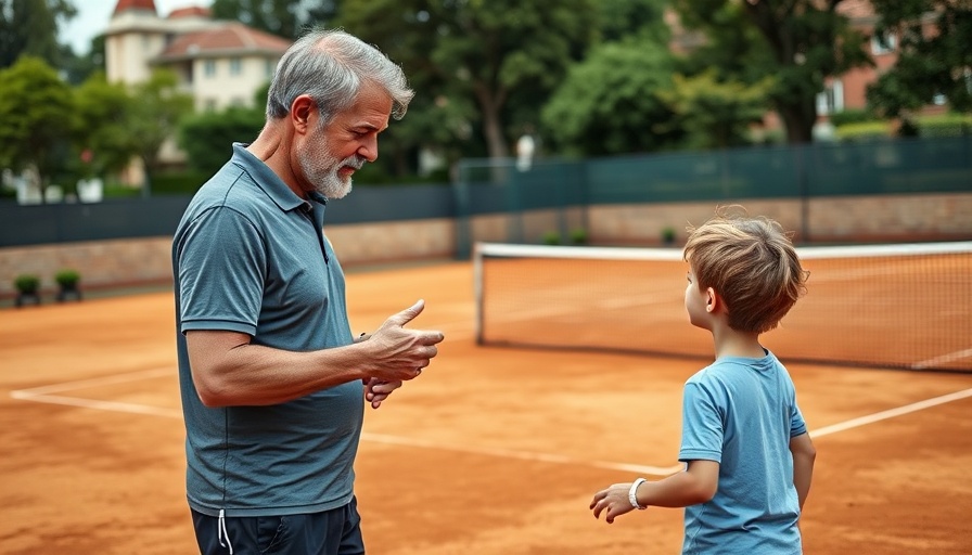 Tennis coaching techniques on a sunny clay court, vivid scene.