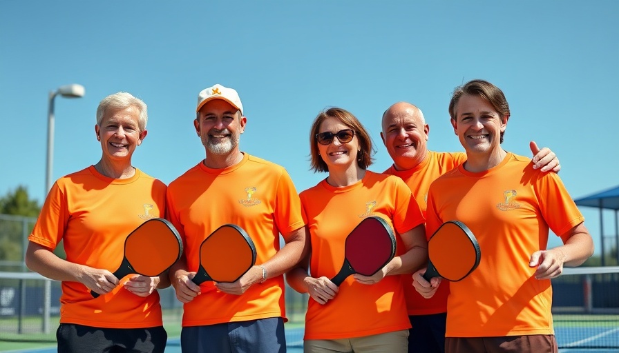Minor League Pickleball players in orange uniforms posing with paddles.