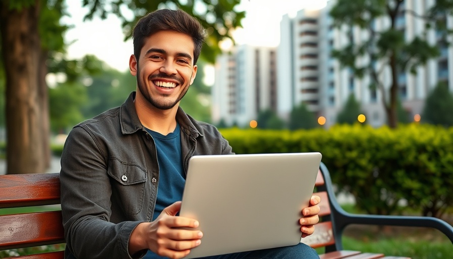 Young man in Austin holding laptop celebrating milestone, evening.
