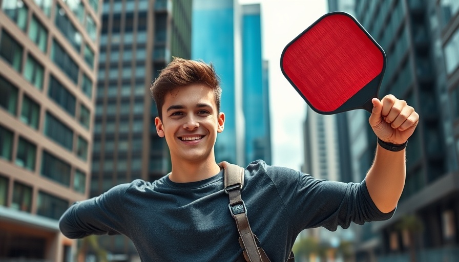 Energetic man holding pickleball paddle in Austin cityscape.