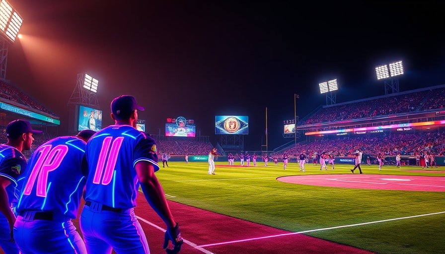 Cosmic baseball event with neon uniforms, vibrant atmosphere.