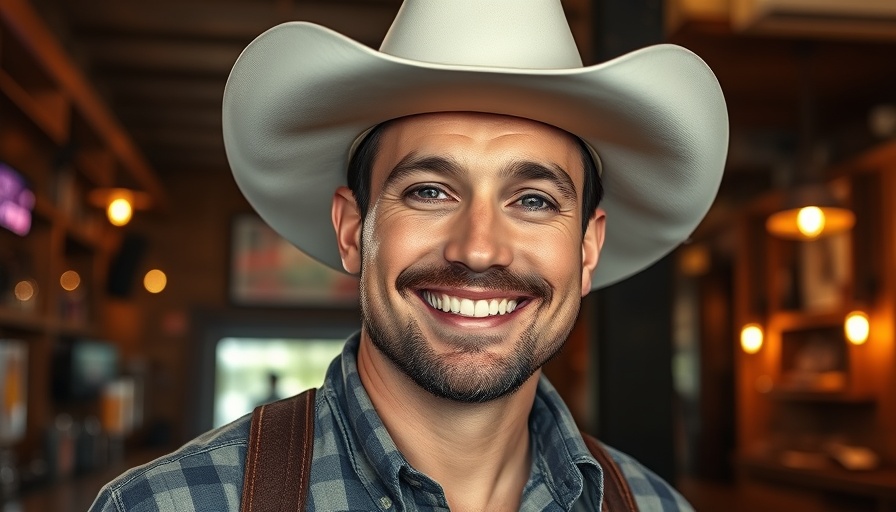 Smiling cowboy in a dimly lit bar, rustic country music vibe.