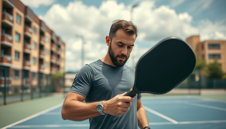 Athletic man examines pickleball racket on Austin court.