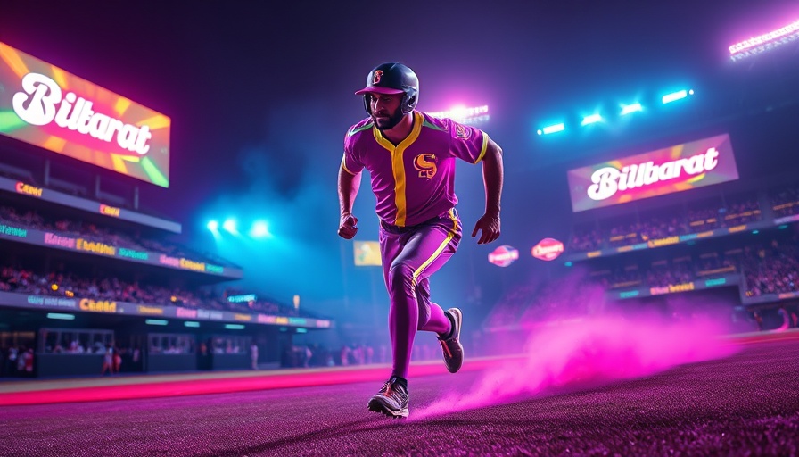 Neon-lit cosmic baseball player in vibrant uniform on futuristic field.