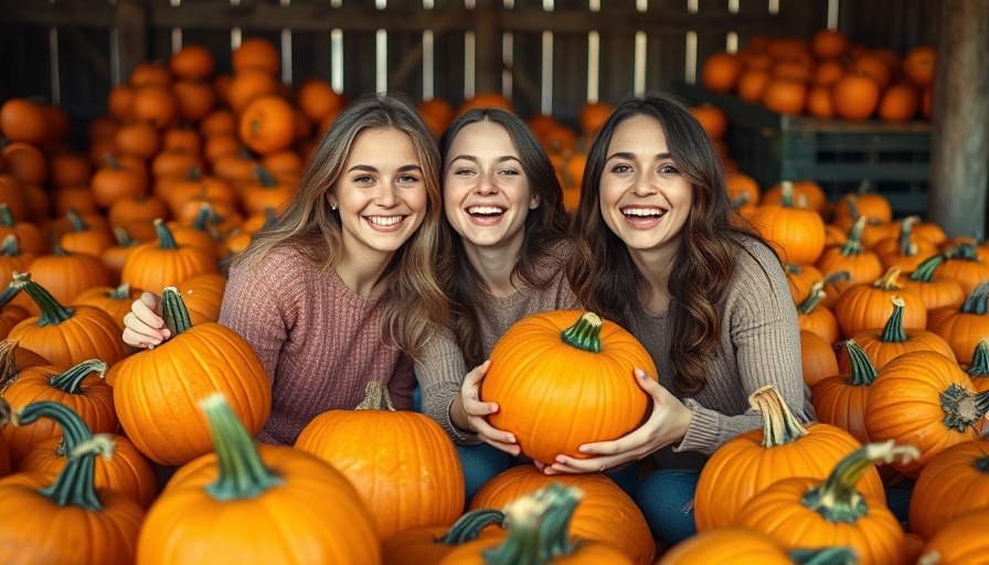 Joyful young women with pumpkins in Austin barn setting.