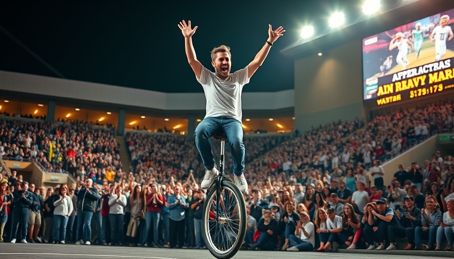 Texas tailgater unicycle skills displayed at night sports event.