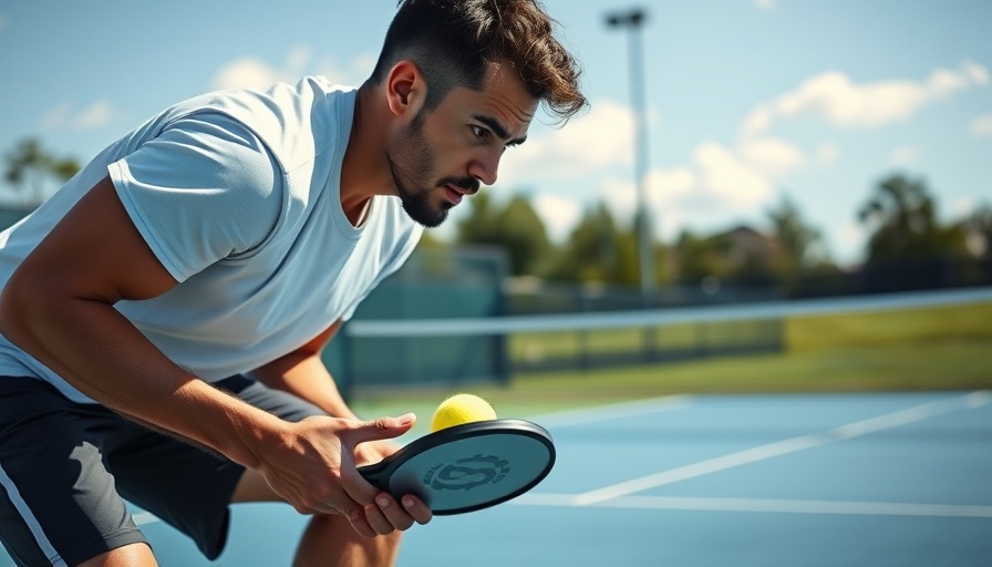 Athlete serving pickleball on outdoor court with focus.