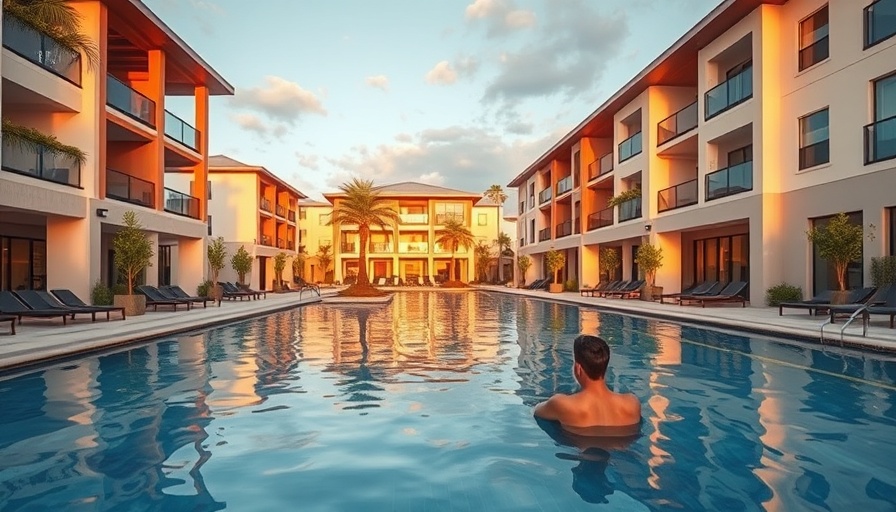 Luxurious 55+ community pool near Austin at sunset