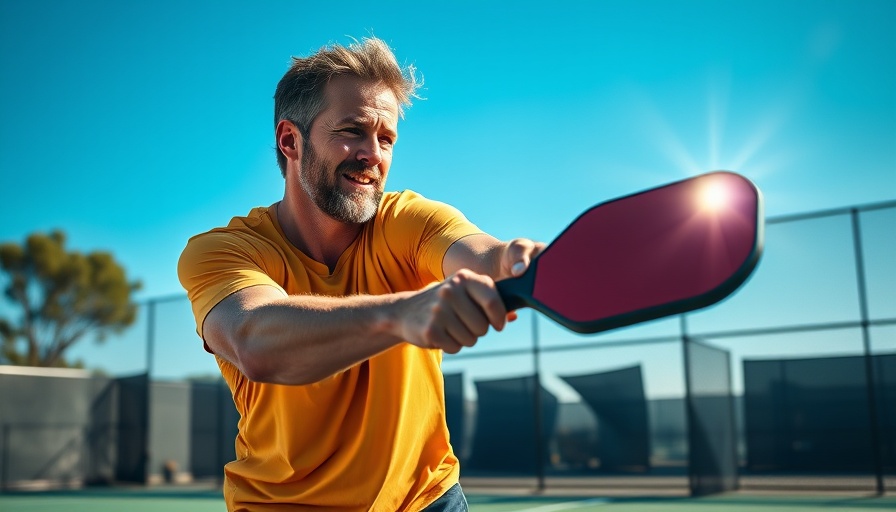 Pickle ball game on outdoor court with vibrant lighting.