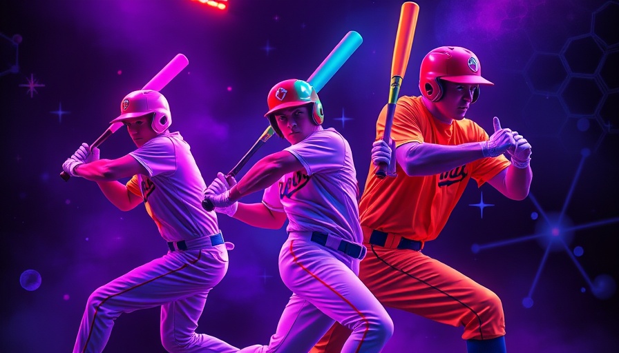 Futuristic cosmic baseball players in UV light action scene.