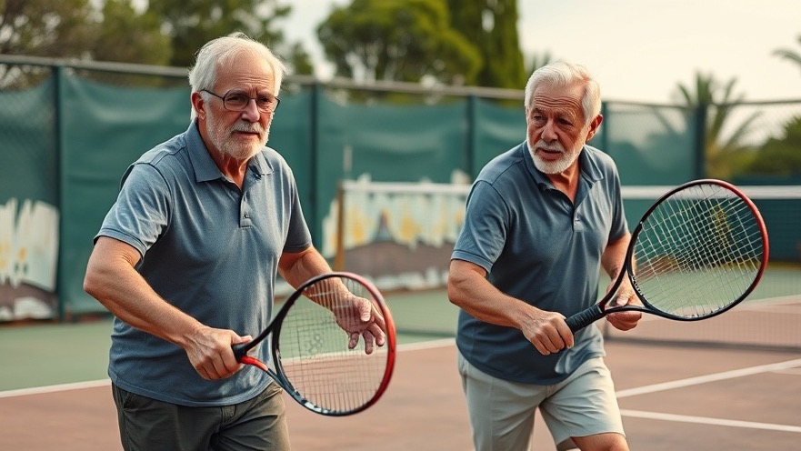 Elderly men showcase athletic icons of perseverance in sports while playing tennis.