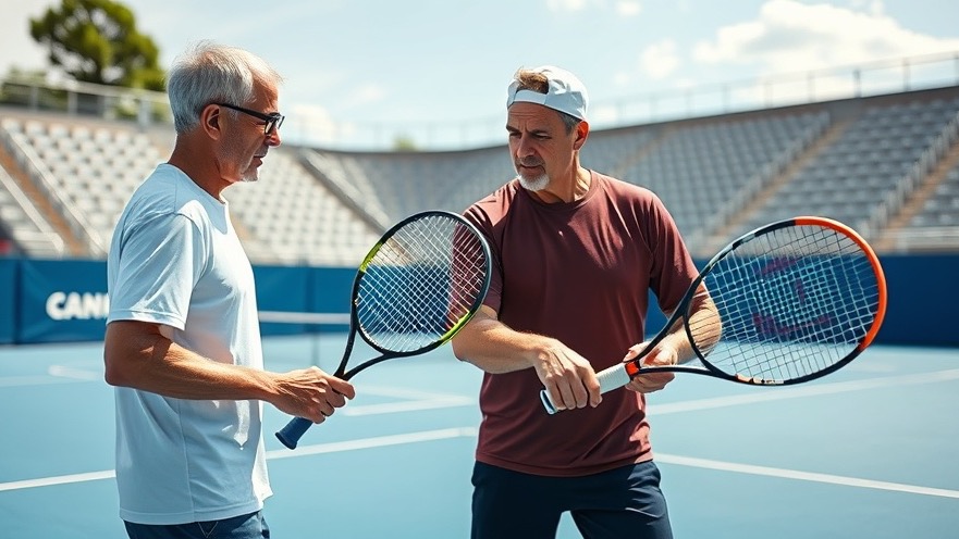 Experienced coach demonstrating slice serve technique to player on sunny court.