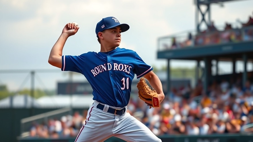 Young player in blue Round Rock Express uniform ready to throw on a vibrant baseball field.