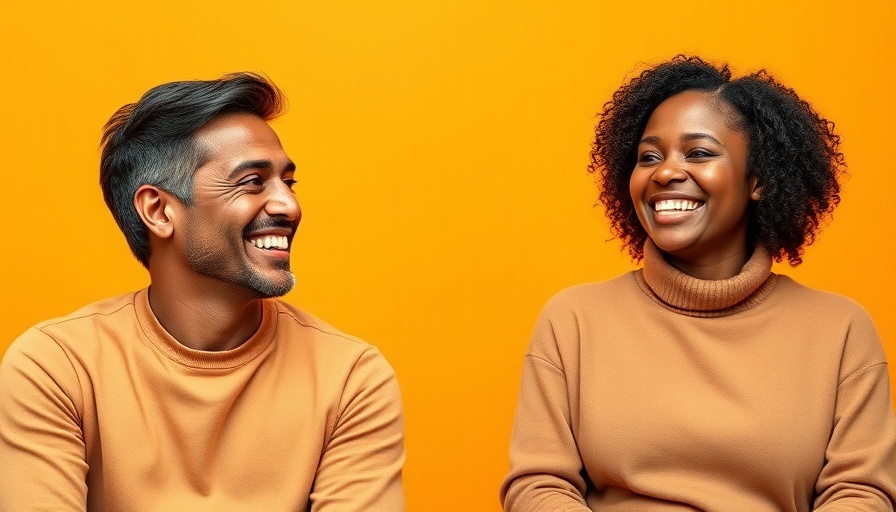 Two people smiling in a studio with orange background
