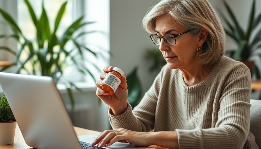 Oracle Health QHIN application, woman checking medicine with laptop in soft lighting.