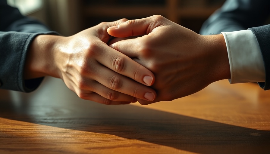 Clasped hands on table depicting hospital-payer negotiations.